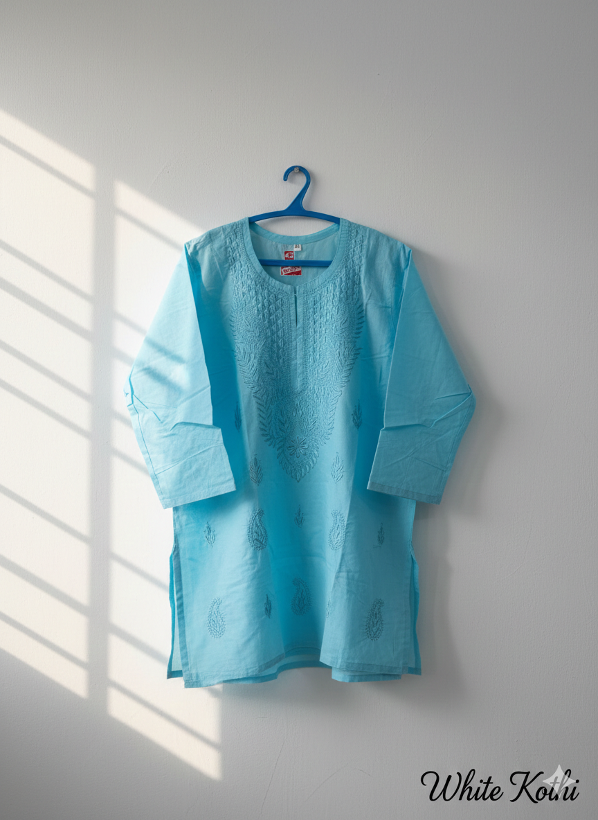 Aqua Blue Embroidered Chikankari Kurti