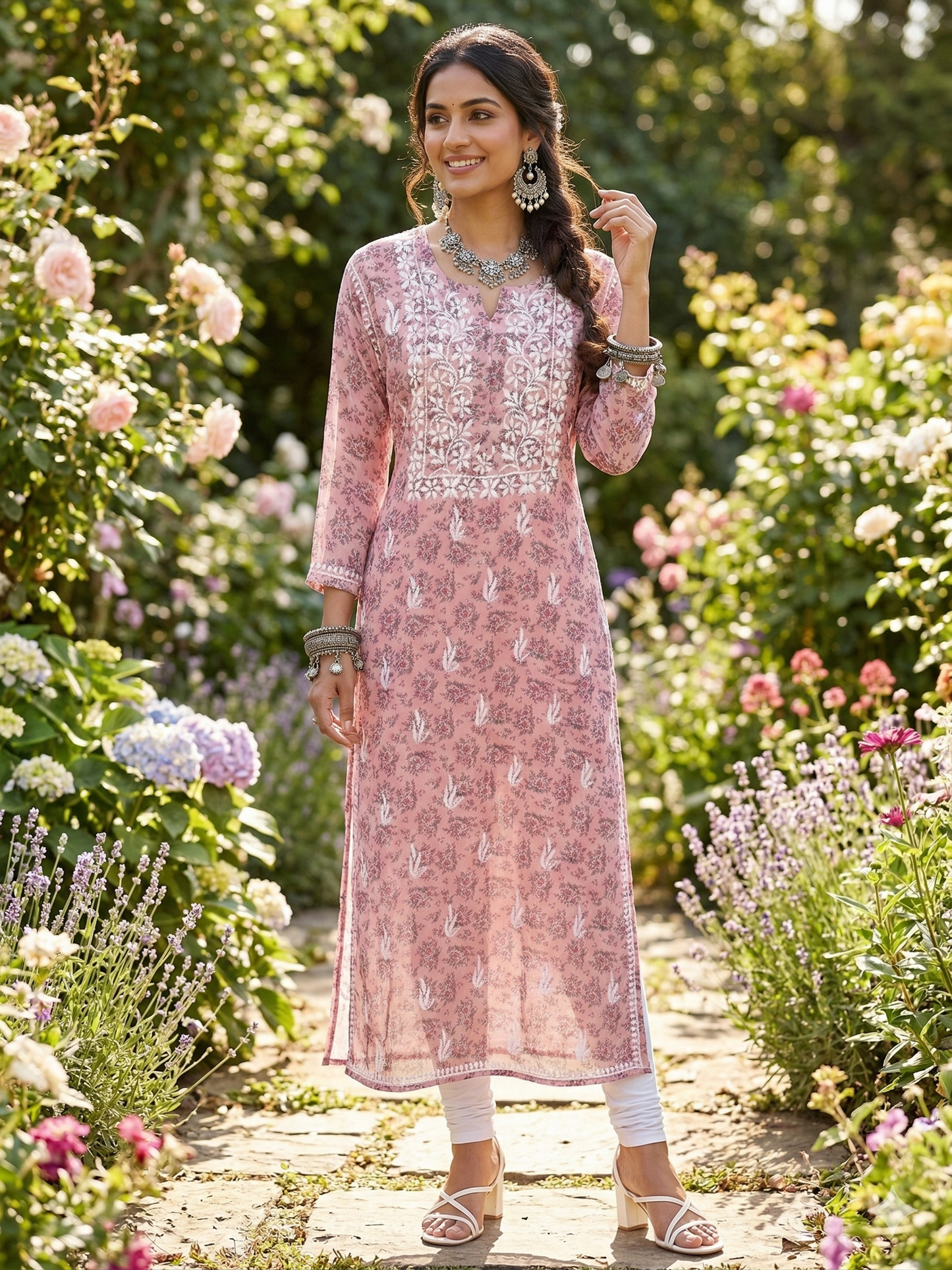 Rose Quartz Hand-Printed Chikankari Kurta