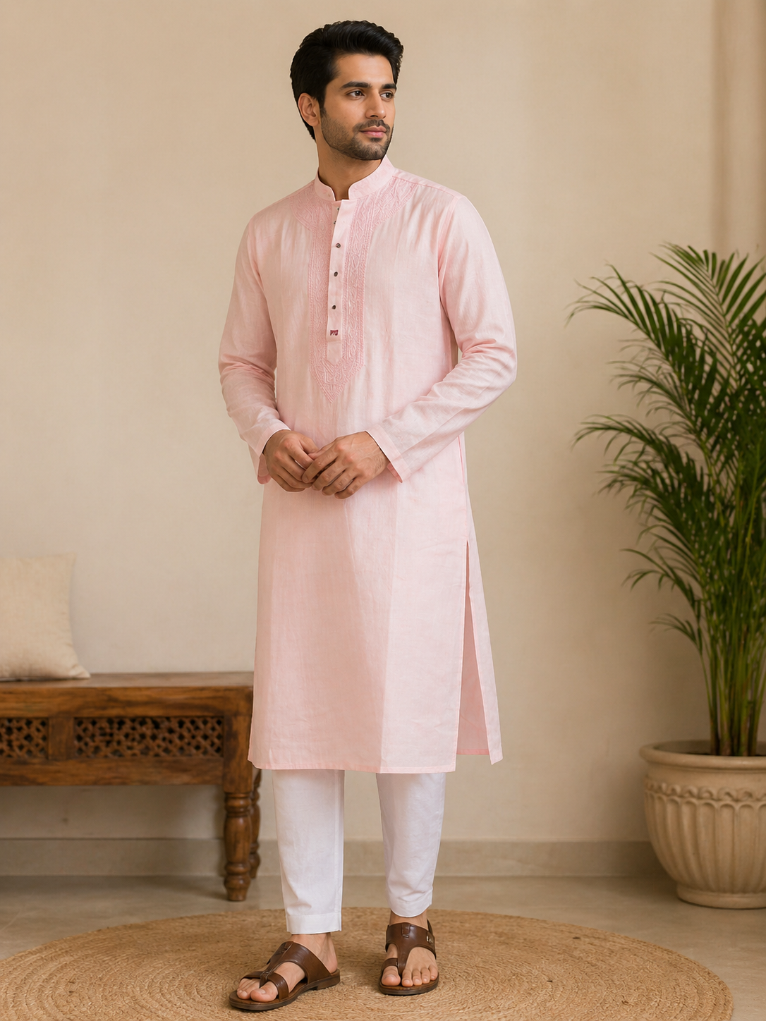 Desert Quartz Men’s Hand-Embroidered Chikankari Kurta