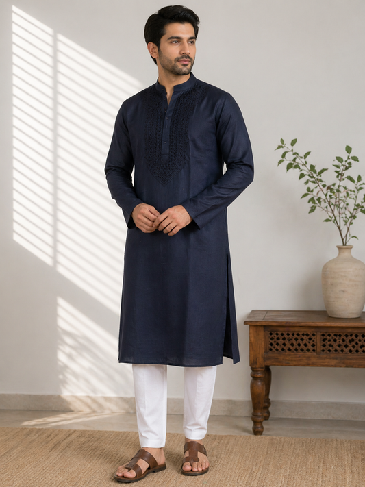 Midnight Indigo Men’s Hand-Embroidered Chikankari Kurta