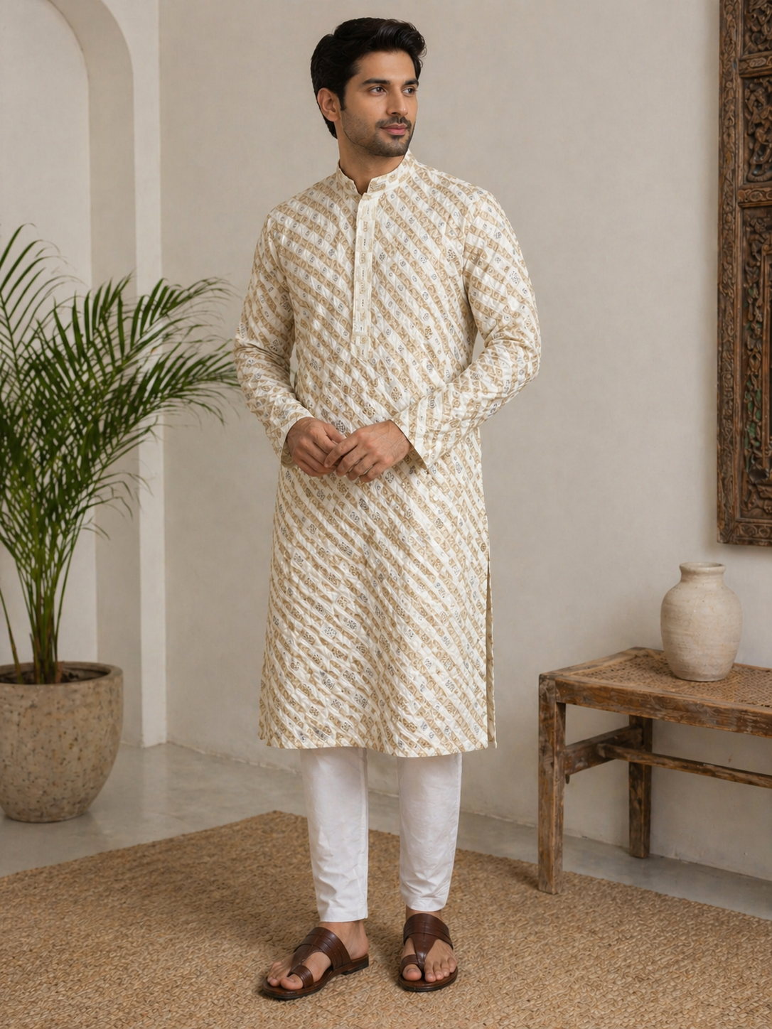 Sandstone Leheriya Men’s Embroidered Chikankari Kurta