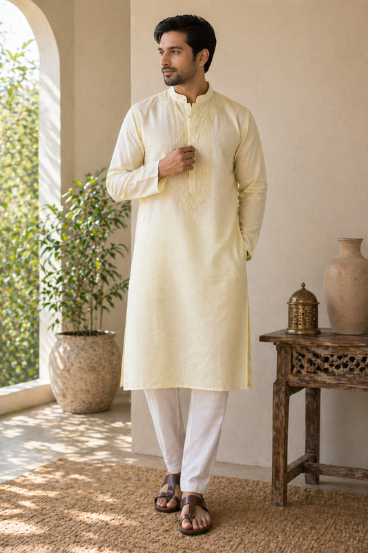 Harvest Gold Men’s Hand-Embroidered Chikankari Kurta
