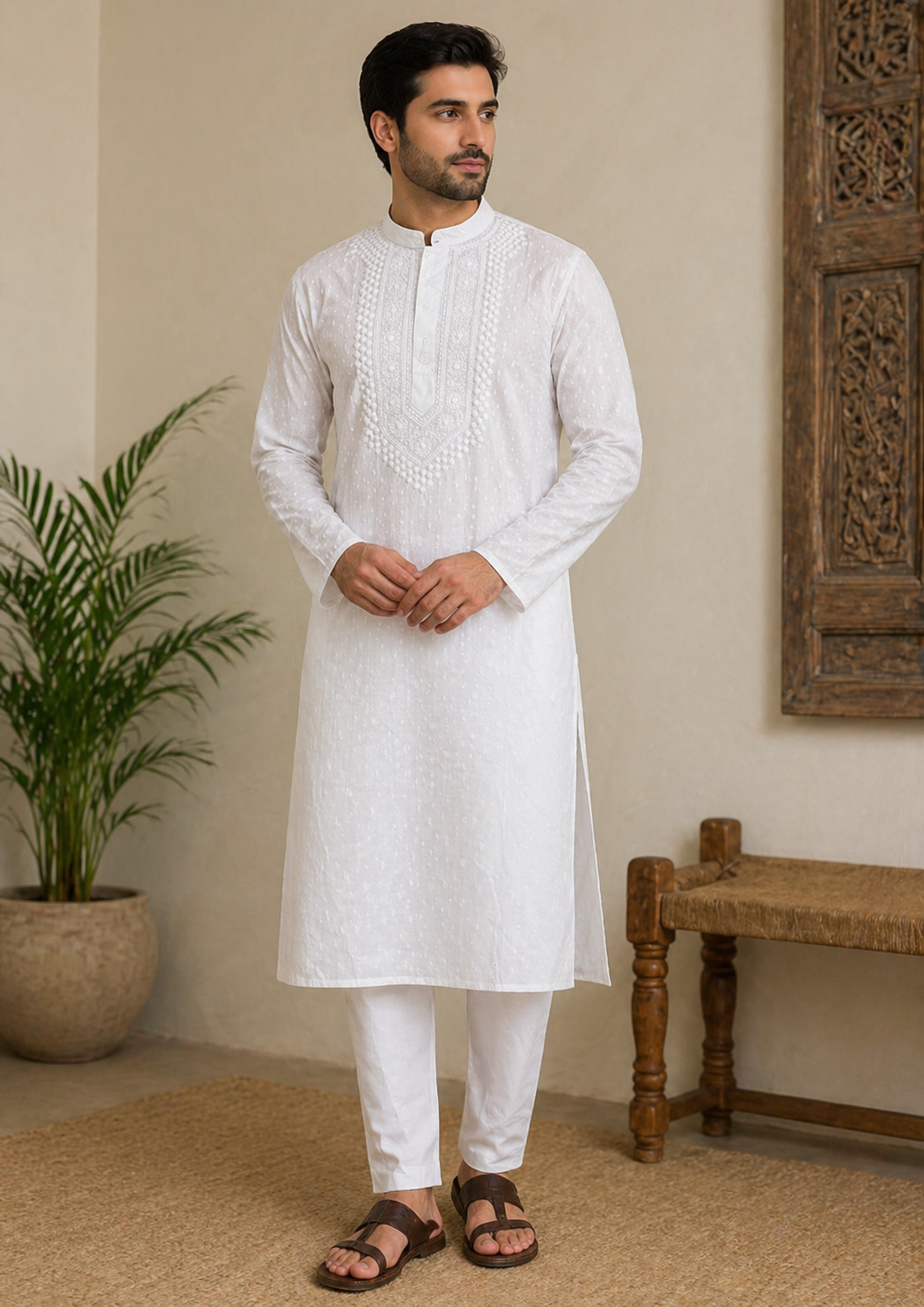 Ivory Classic Men’s Hand-Embroidered Chikankari Kurta