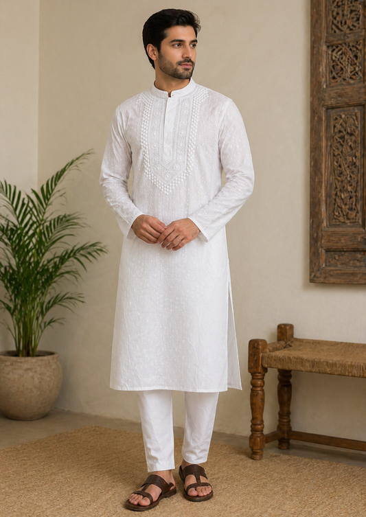Ivory Classic Men’s Hand-Embroidered Chikankari Kurta