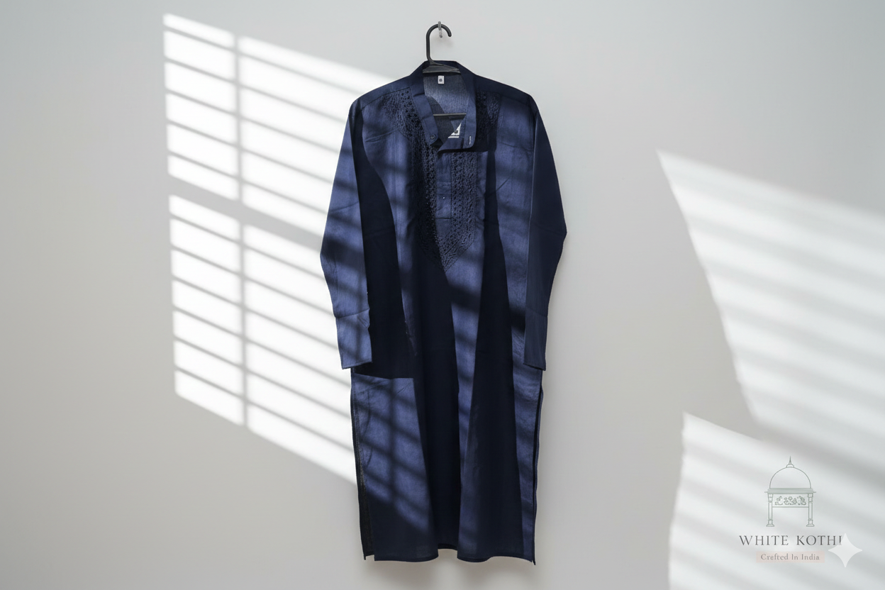 Midnight Indigo Men’s Hand-Embroidered Chikankari Kurta
