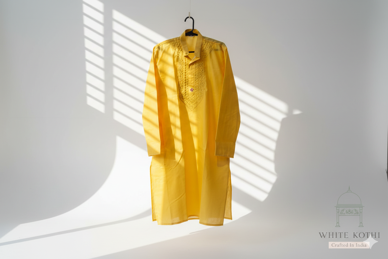 Golden Ochre Men’s Hand-Embroidered Chikankari Kurta