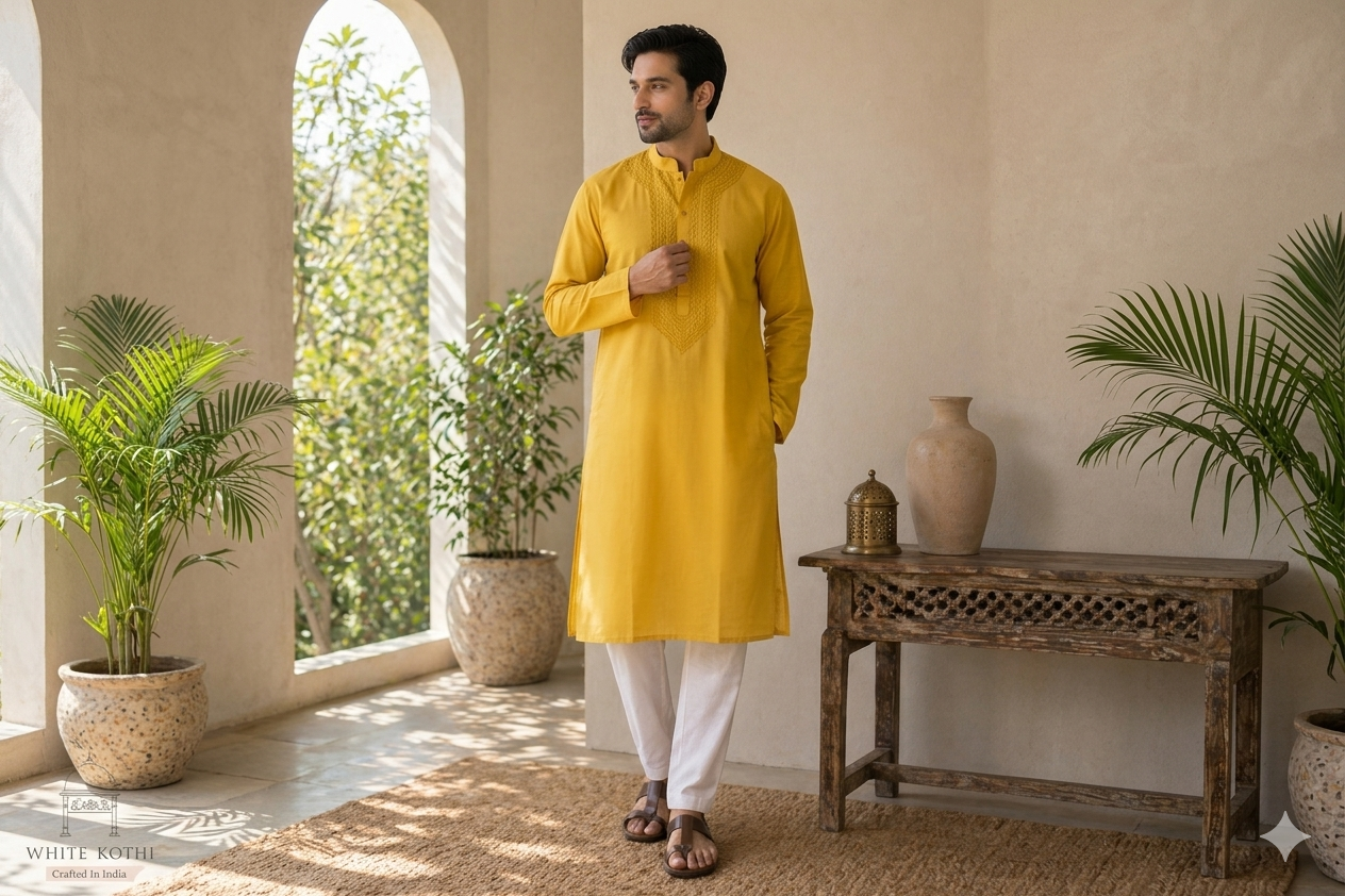 Golden Ochre Men’s Hand-Embroidered Chikankari Kurta