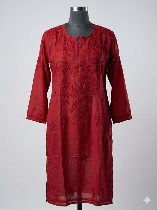 Deep Red Muslin Cotton Chikankari Kurti