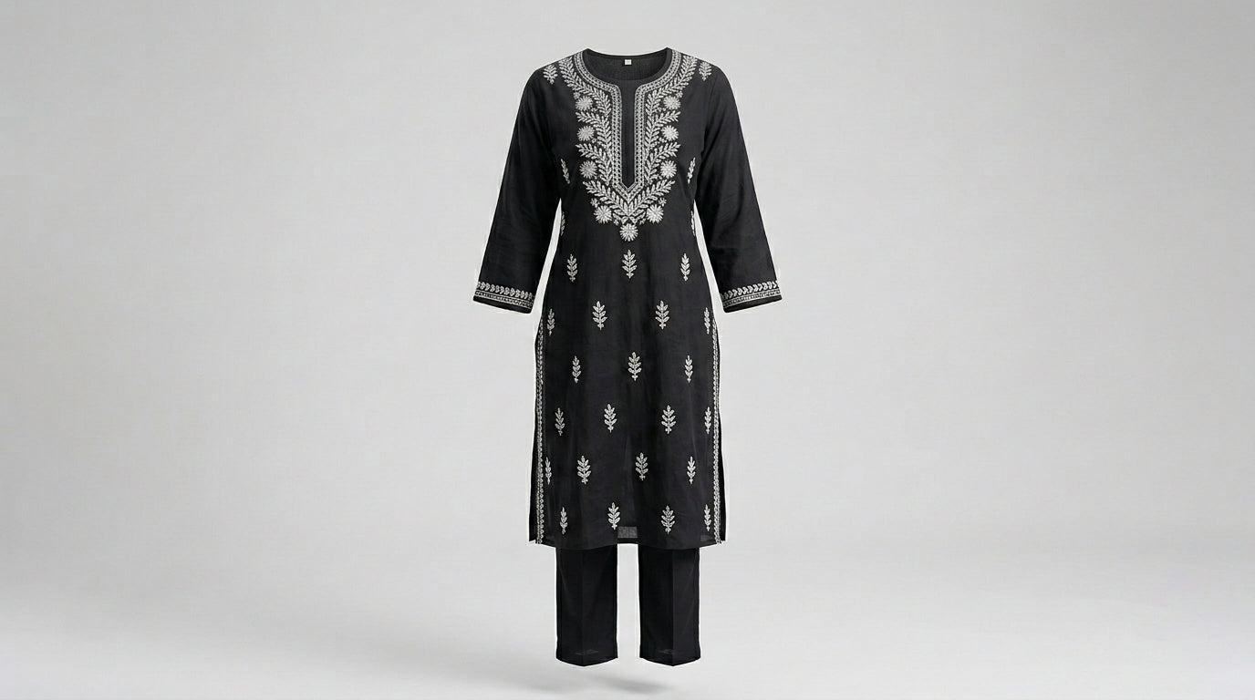 Midnight Onyx Embroidered Lucknowi Chikankari Kurta Set