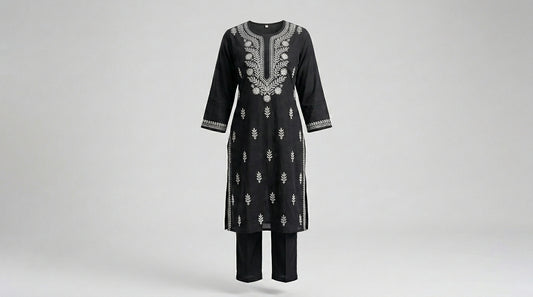 Midnight Onyx Embroidered Lucknowi Chikankari Kurta Set