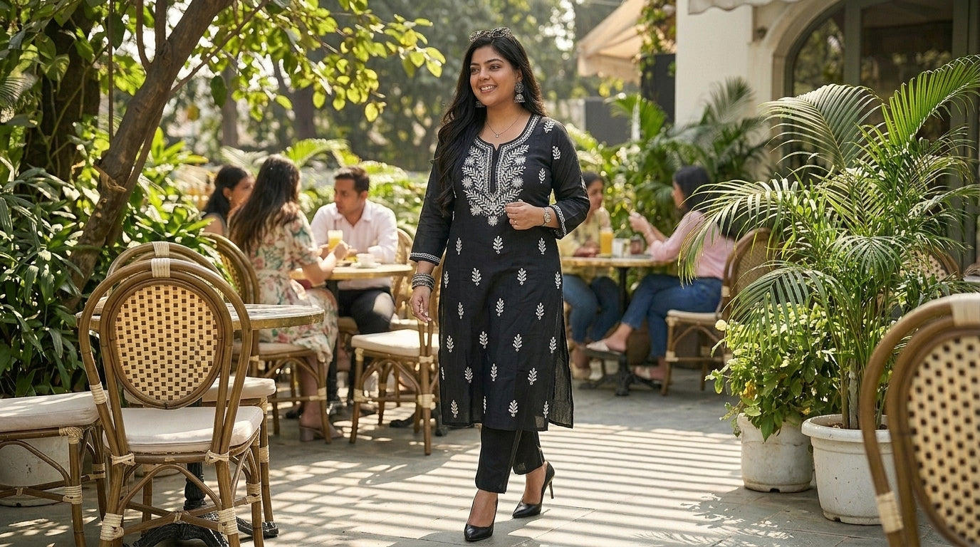 Midnight Onyx Embroidered Lucknowi Chikankari Kurta Set