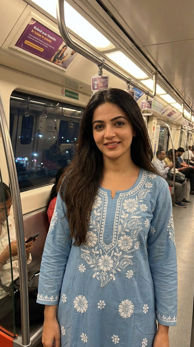 Pastel Blue Ombre Chikankari Kurti