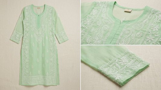 Mint Georgette Hand-Embroidered Kurti