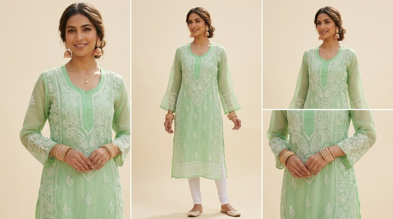 Mint Georgette Hand-Embroidered Kurti
