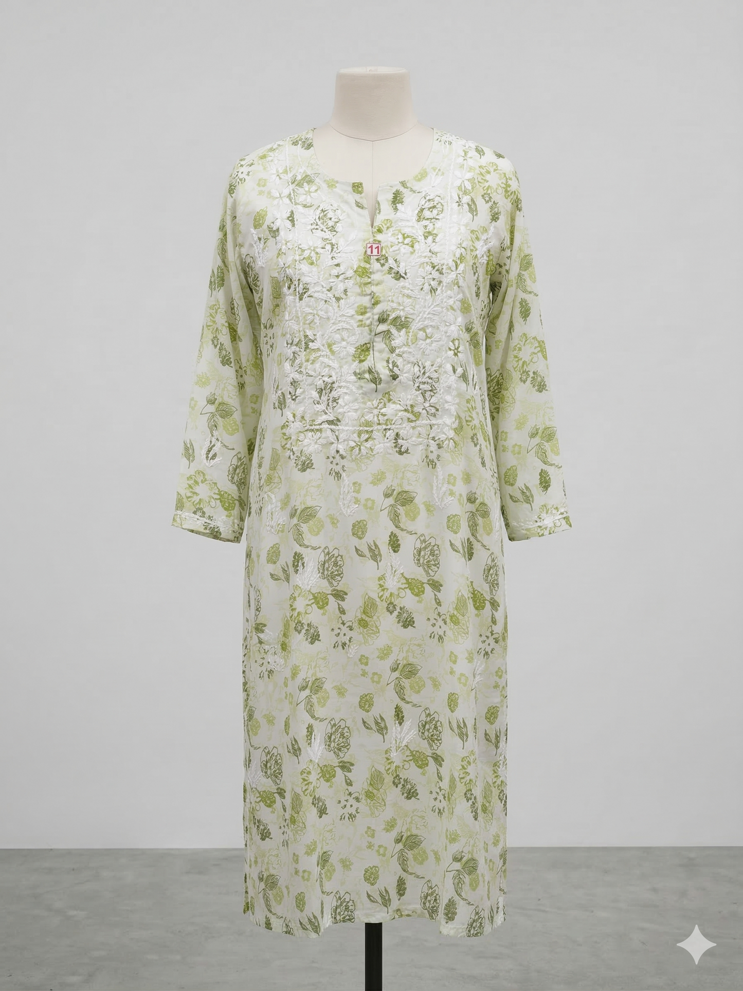 Pastel Sage Hand-Printed Chikankari Kurta