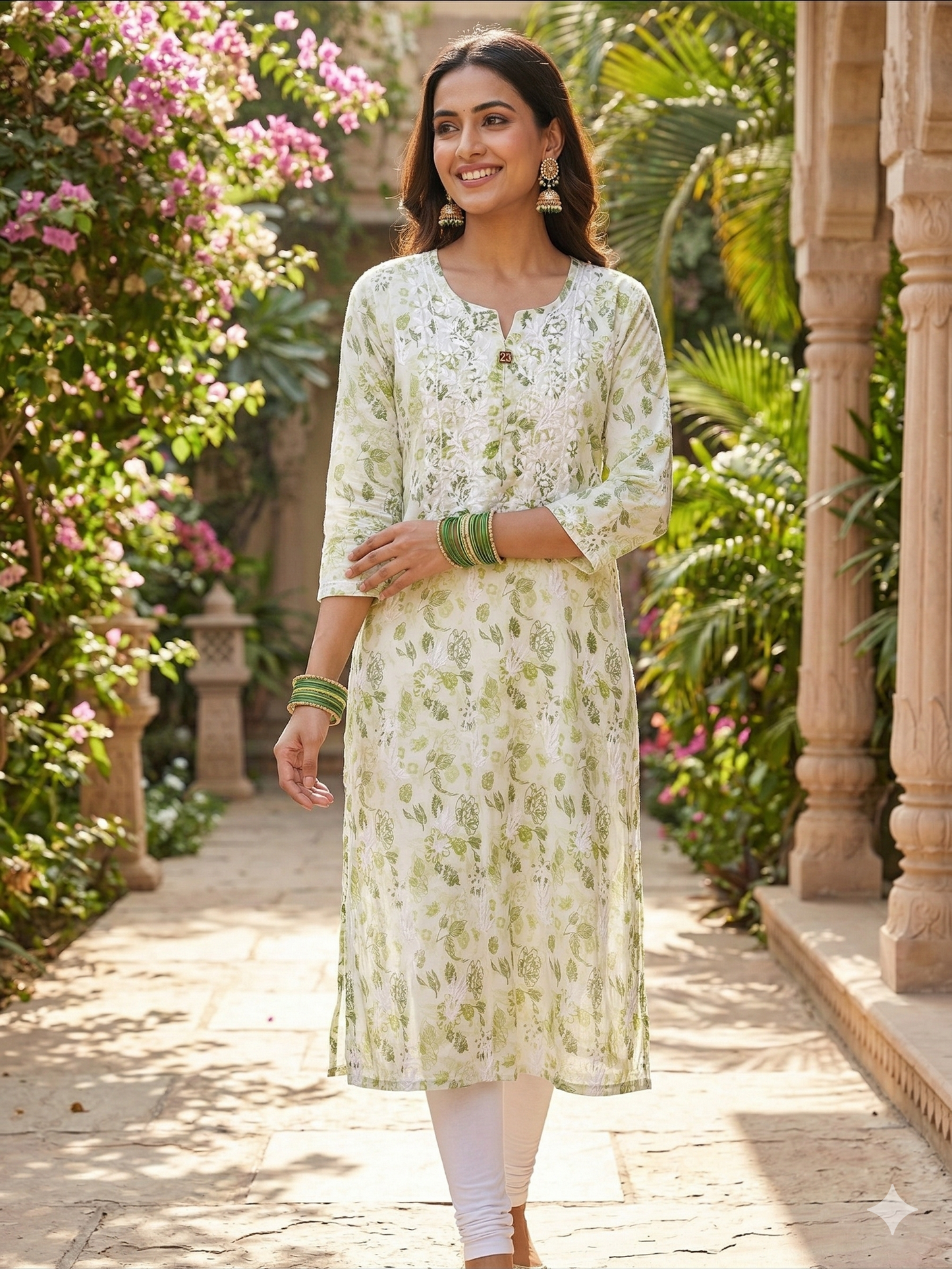 Pastel Sage Hand-Printed Chikankari Kurta