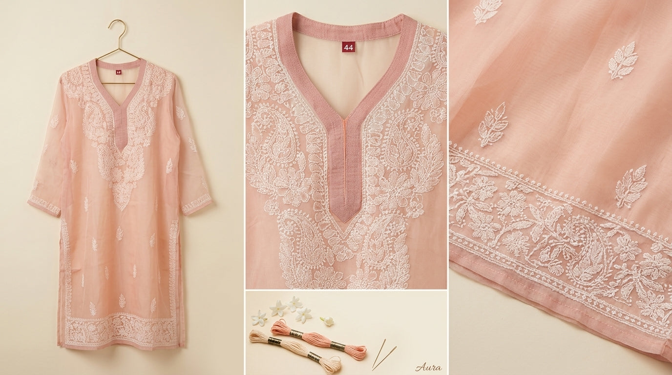 Peach Chikankari Georgette Kurti