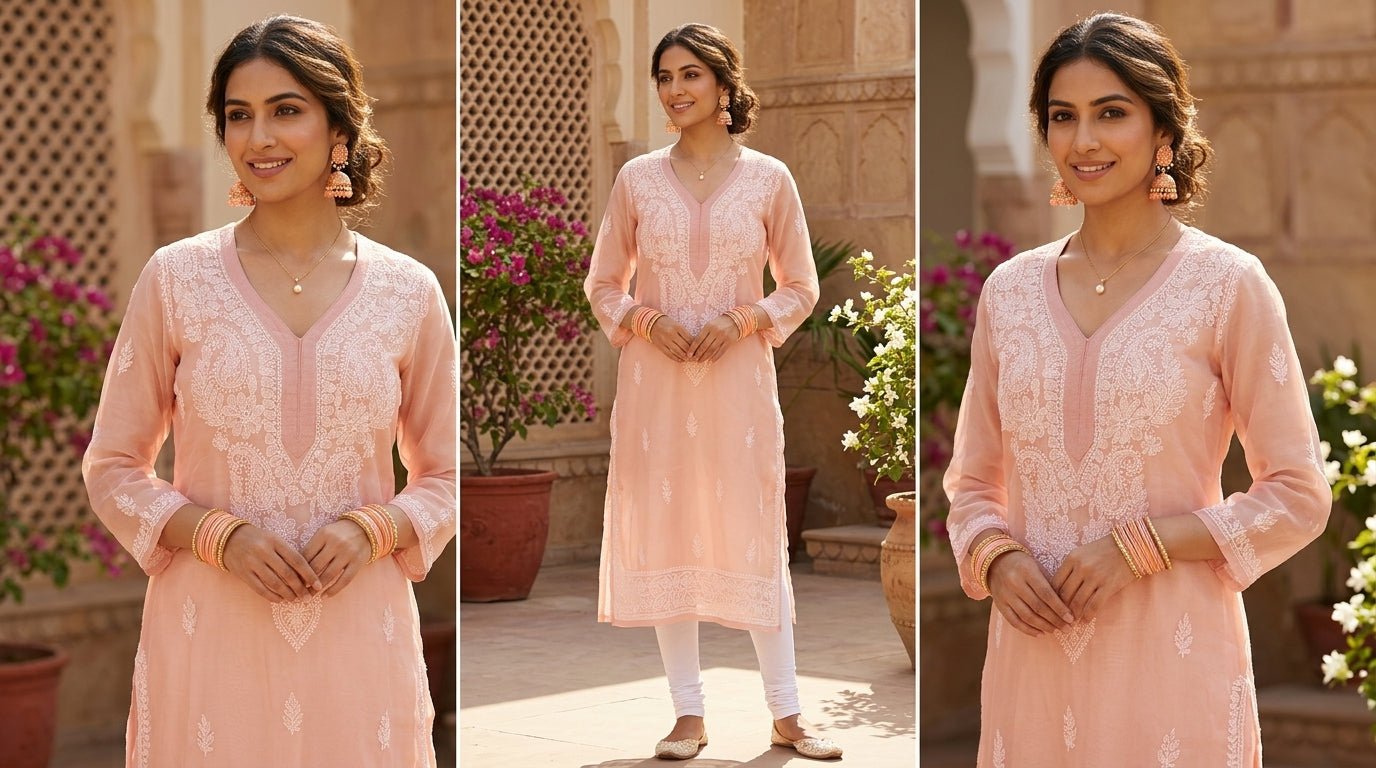 Peach Chikankari Georgette Kurti