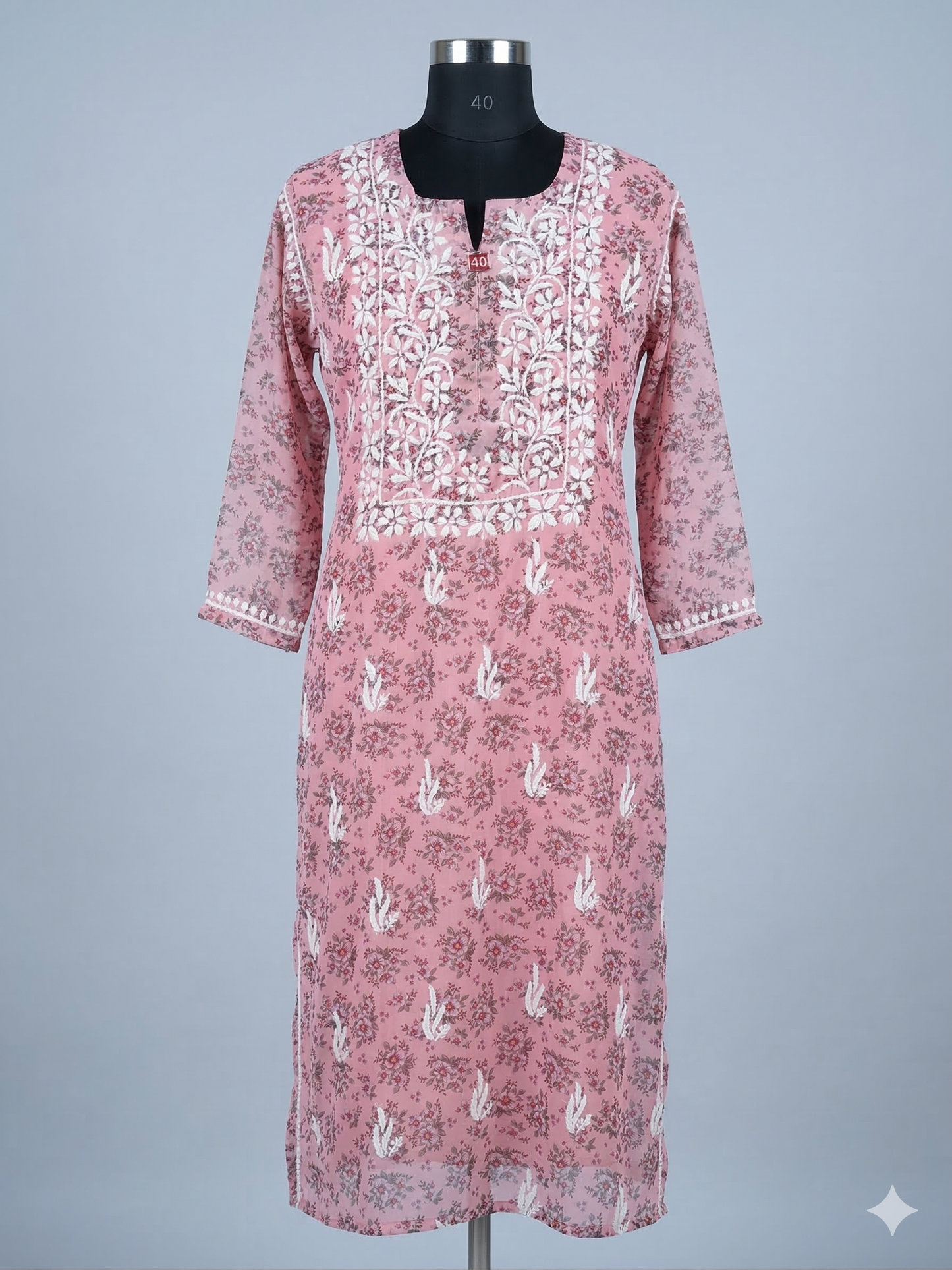 Rose Quartz Hand-Printed Chikankari Kurta
