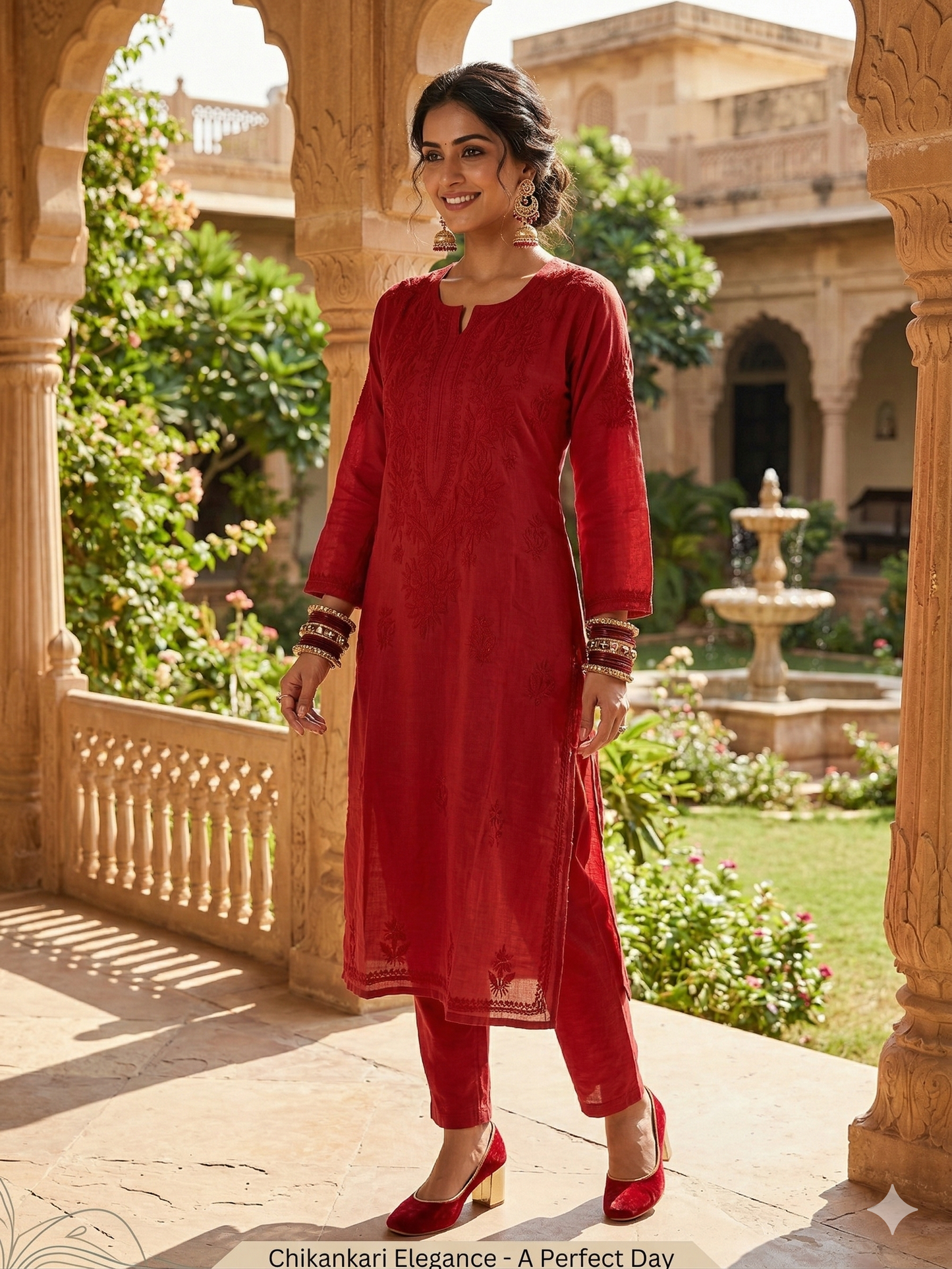 Deep Red Muslin Cotton Chikankari Kurti