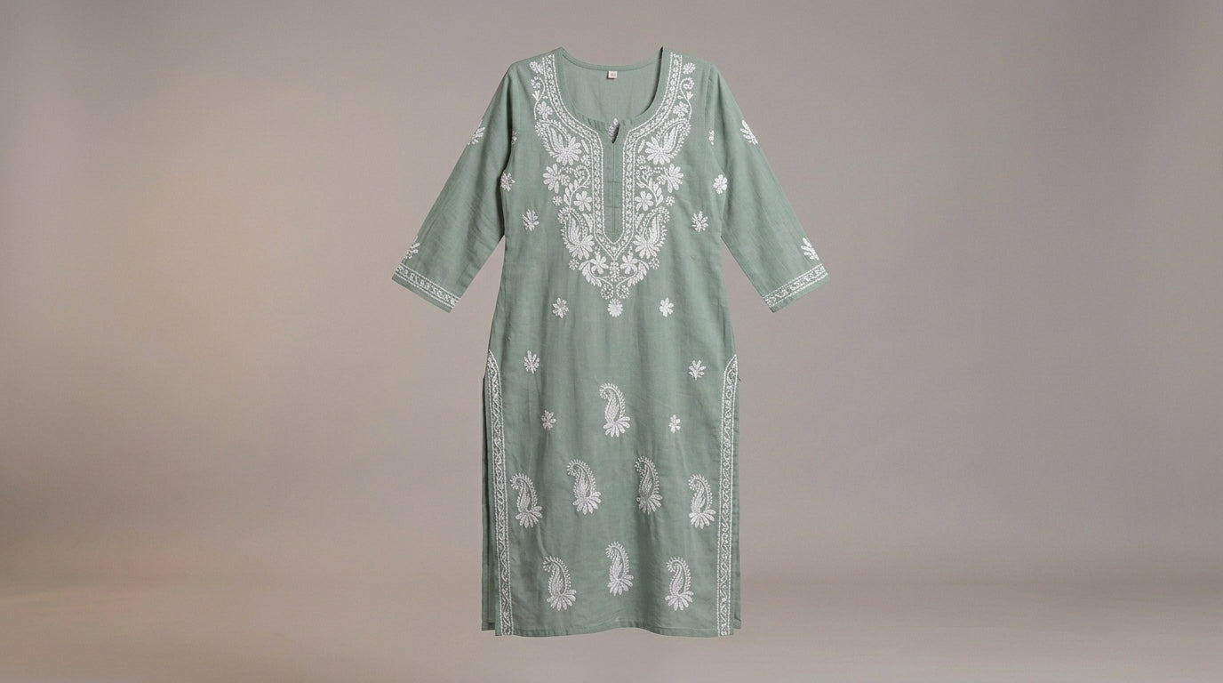 Sage Green Chikankari Cotton Kurti