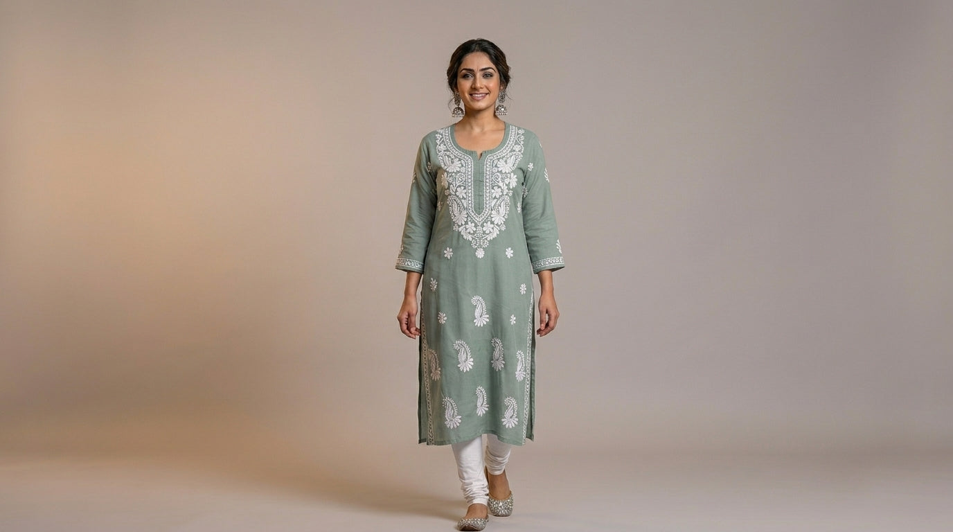 Sage Green Chikankari Cotton Kurti