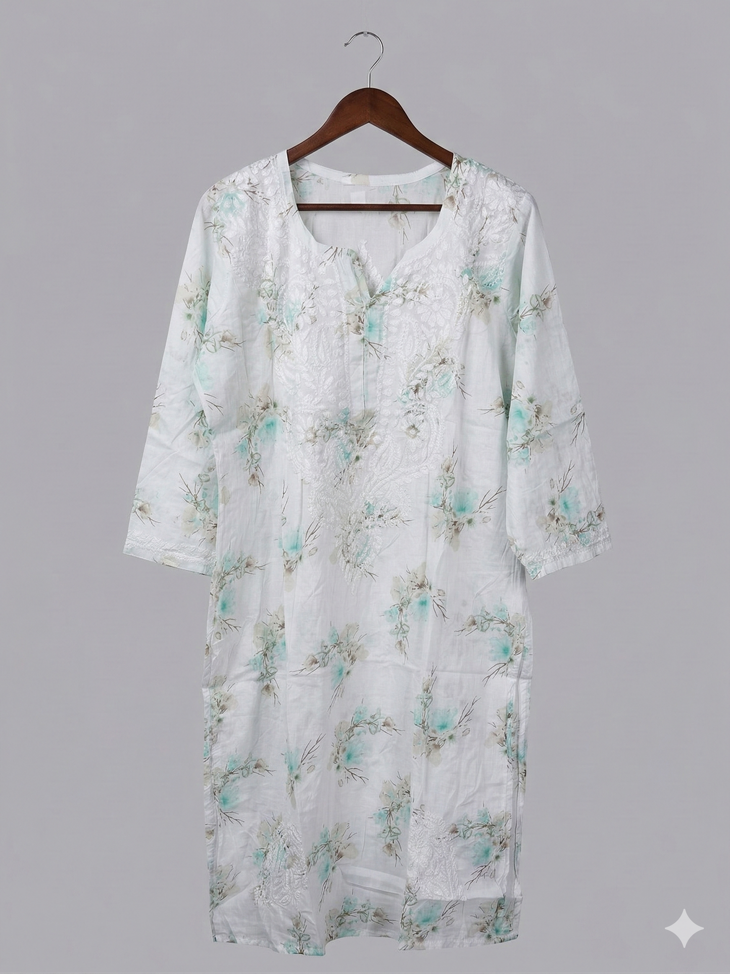 White & Mint Floral Cotton Chikankari Kurti