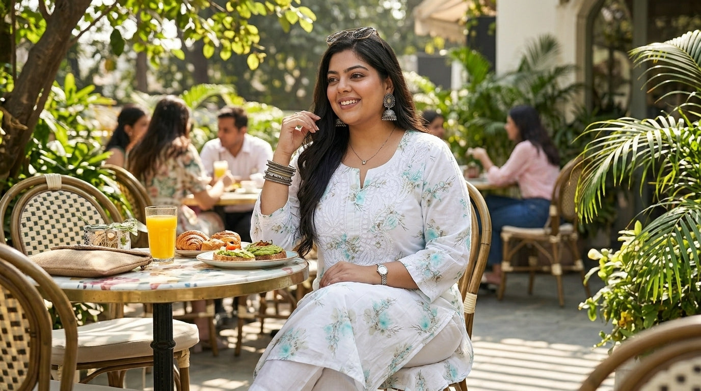 White & Mint Floral Cotton Chikankari Kurti